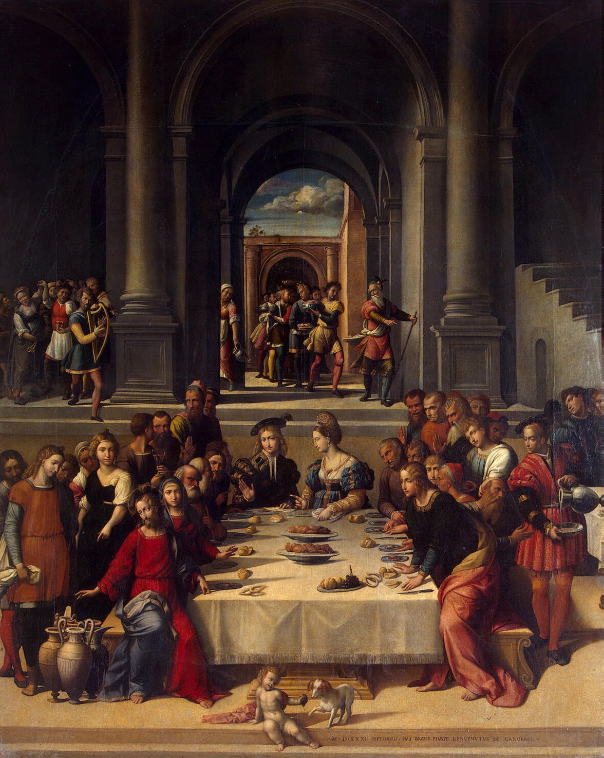 Benvenuto Tisi da Garofalo, Nozze di Cana, olio su tela, 1531, Ermitage, San Pietroburgo Garofalo dipinge uno dei più famosi episodi biblici: durante un banchetto di nozze Gesù compie il suo primo miracolo, trasformando le giare di acqua in profumato vino. Nonostante la scena evangelica sia ambientata nella lontana Galilea, l’artista la immagina e la dipinge in stile rinascimentale. 