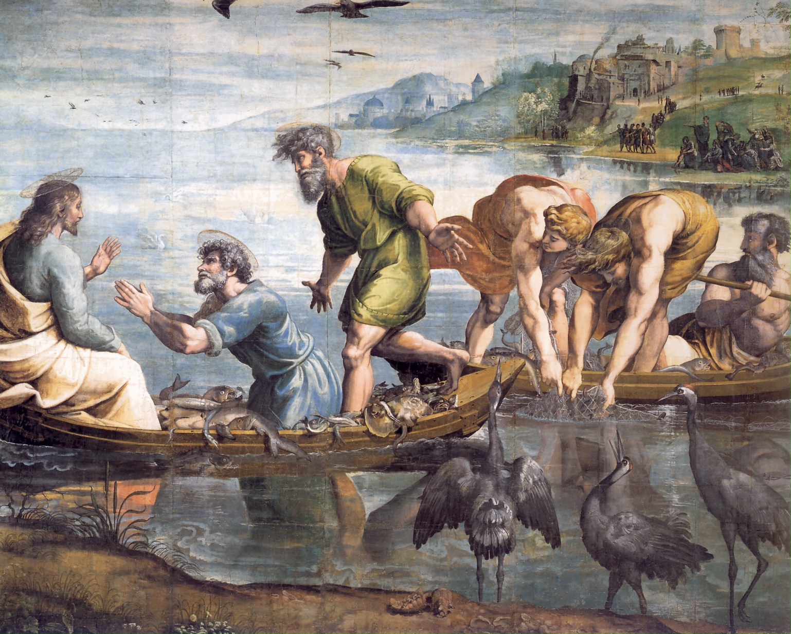 Raffaello Sanzio, La pesca miracolosa, tempera su carta, 1515-1516, Victoria and Albert Museum, Londra. La Pesca miracolosa è un dipinto a tempera su carta ed è uno dei cartoni preparatori per gli arazzi della Cappella Sistina. Il cartone riflette specularmente la scena dell'arazzo, per la tecnica a basso liccio in cui i modelli sono tenuti sotto l'ordito, che poi viene rovesciato. La scena si ispira a un passo del Vangelo di Luca (V, 4 e ss.) ed è quasi interamente riferita alla mano del maestro. La scena va letta da destra, dove gli apostoli, legando gesti e sguardi, conducono l'occhio dello spettatore verso la figura di Cristo. Tutto è ambientato in un vasto e luminoso paesaggio, con fini notazioni naturalistiche: il paese in riva al lago, i pesci vividi nelle barche dei pescatori, la flora e la fauna lacustre, soprattutto i tre aironi in primo piano. Raffaello, consapevole del confronto con Michelangelo in Cappella, impostò i disegni con un crescendo drammatico, dove le figure prevalgono sul paesaggio e sull'architettura di sfondo, contrapponendosi in gruppi o in personaggi isolati, per facilitare la lettura delle azioni. Gli schemi sono dunque semplificati e i gesti e la mimica dei personaggi enfatizzati, per renderli più eloquenti e "universali". A differenza di Michelangelo però la monumentalità non deriva dal tormento plastico delle figure, ma da equilibri accuratamente studiati, che bilanciano la composizione e i sussulti spirituali dei protagonisti, nonostante le volute asimmetrie. L'uso della tempera, in tonalità chiare, andò incontro alla ristretta gamma a disposizione degli arazzieri, così come sono un adattamento allo scopo le grandi masse di luci ed ombre.