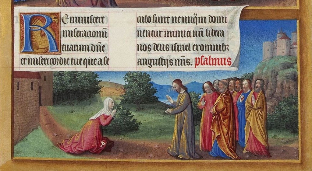 Cristo e la Cananea, Très Riches Heures du Duc de Berry, manoscritto miniato, quindicesimo secolo.