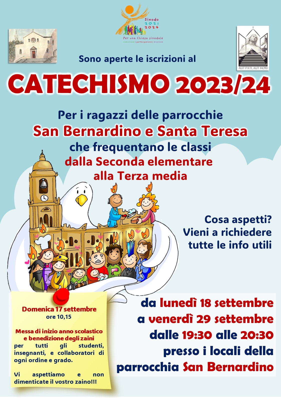 parrocchia san bernardino molfetta - iscrizione anno catechismo 2022 2023 santa teresa benedizione degli zaini anno scolastico